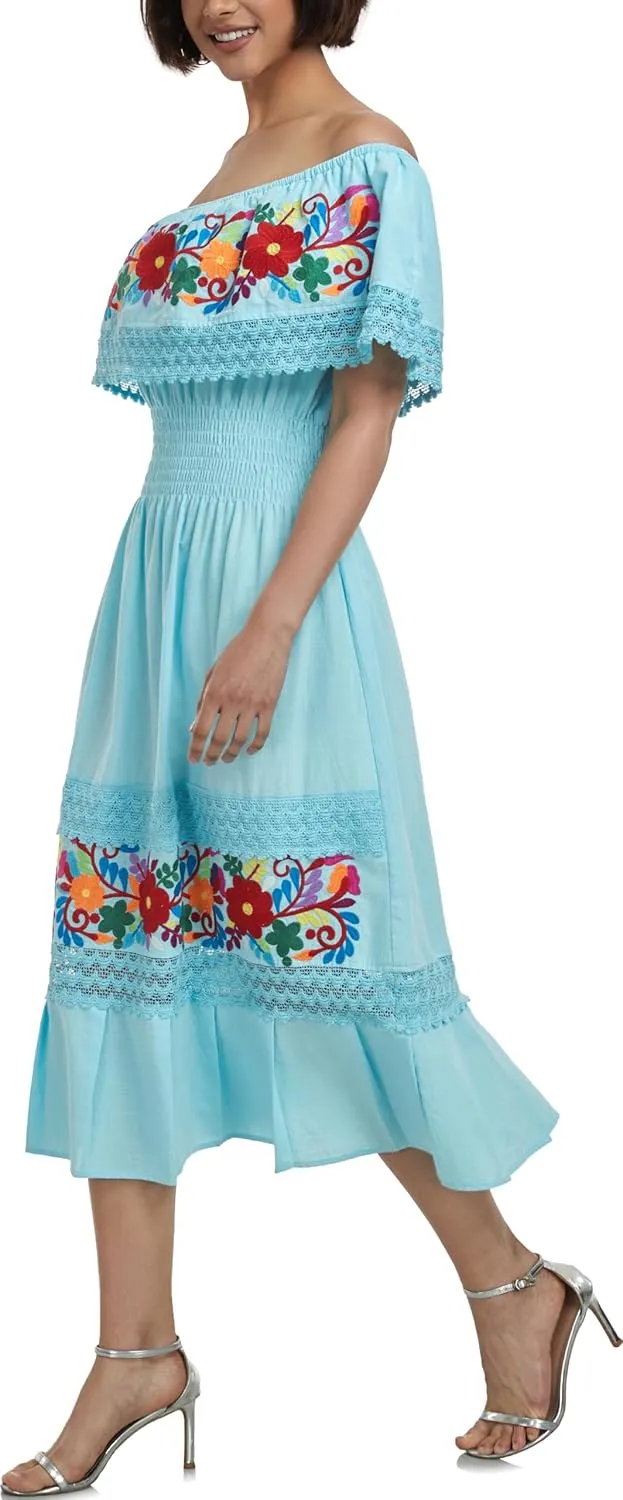 YZXDORWJ Women Embroidered Mexican Present Casual Sexy Lace Off-Shoulder Long Dress