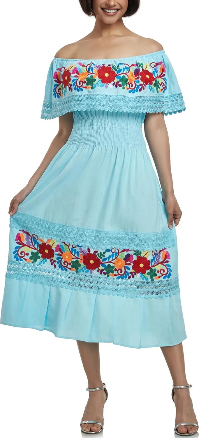 YZXDORWJ Women Embroidered Mexican Present Casual Sexy Lace Off-Shoulder Long Dress