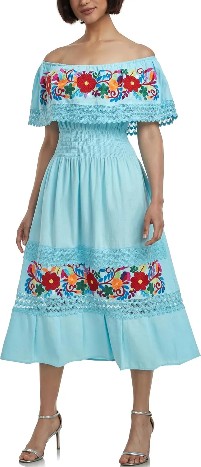 YZXDORWJ Women Embroidered Mexican Present Casual Sexy Lace Off-Shoulder Long Dress