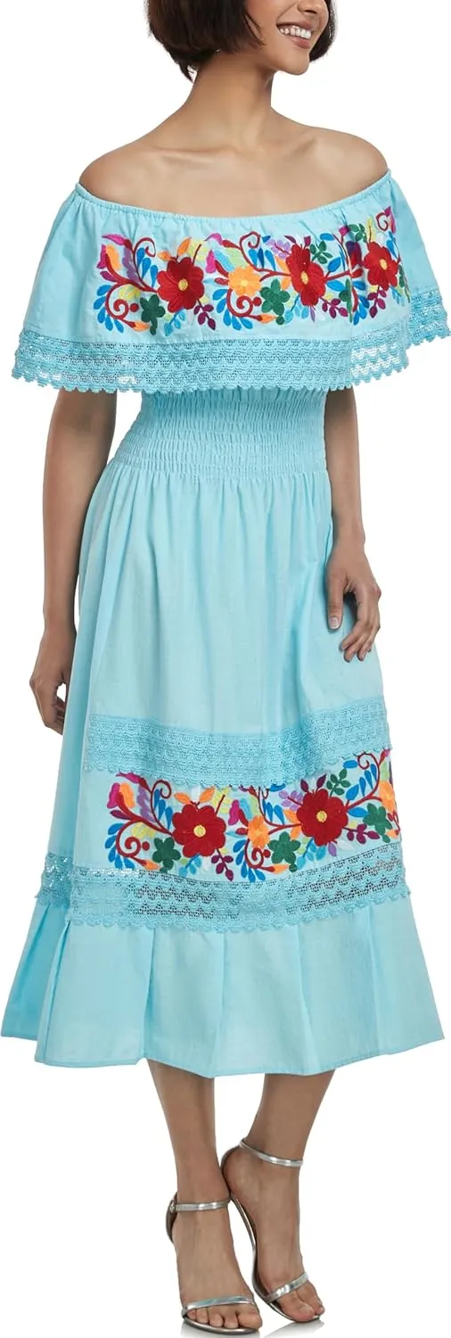 YZXDORWJ Women Embroidered Mexican Present Casual Sexy Lace Off-Shoulder Long Dress