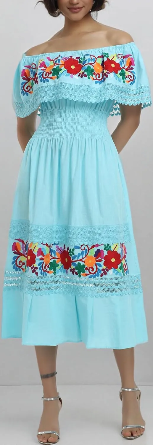 YZXDORWJ Women Embroidered Mexican Present Casual Sexy Lace Off-Shoulder Long Dress