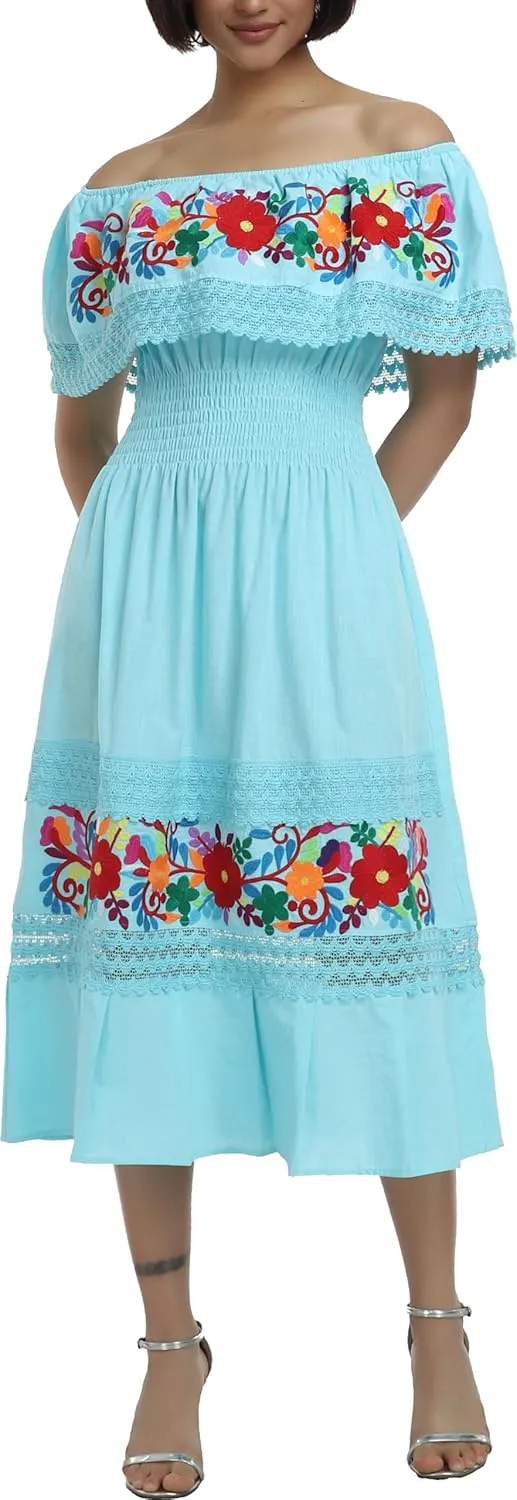 YZXDORWJ Women Embroidered Mexican Present Casual Sexy Lace Off-Shoulder Long Dress