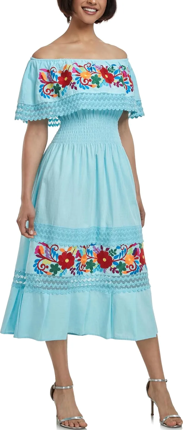 YZXDORWJ Women Embroidered Mexican Present Casual Sexy Lace Off-Shoulder Long Dress