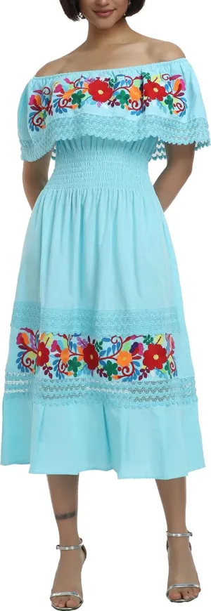 YZXDORWJ Women Embroidered Mexican Present Casual Sexy Lace Off-Shoulder Long Dress